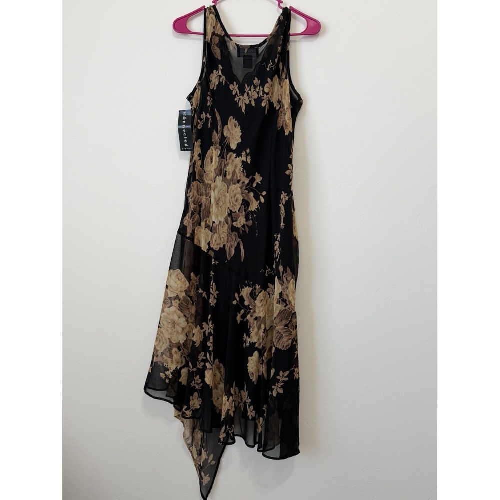 Connected Apparel Black Floral Beaded Chiffon Handkerchief Midi Dress XL Y2K - Picture 2 of 15
